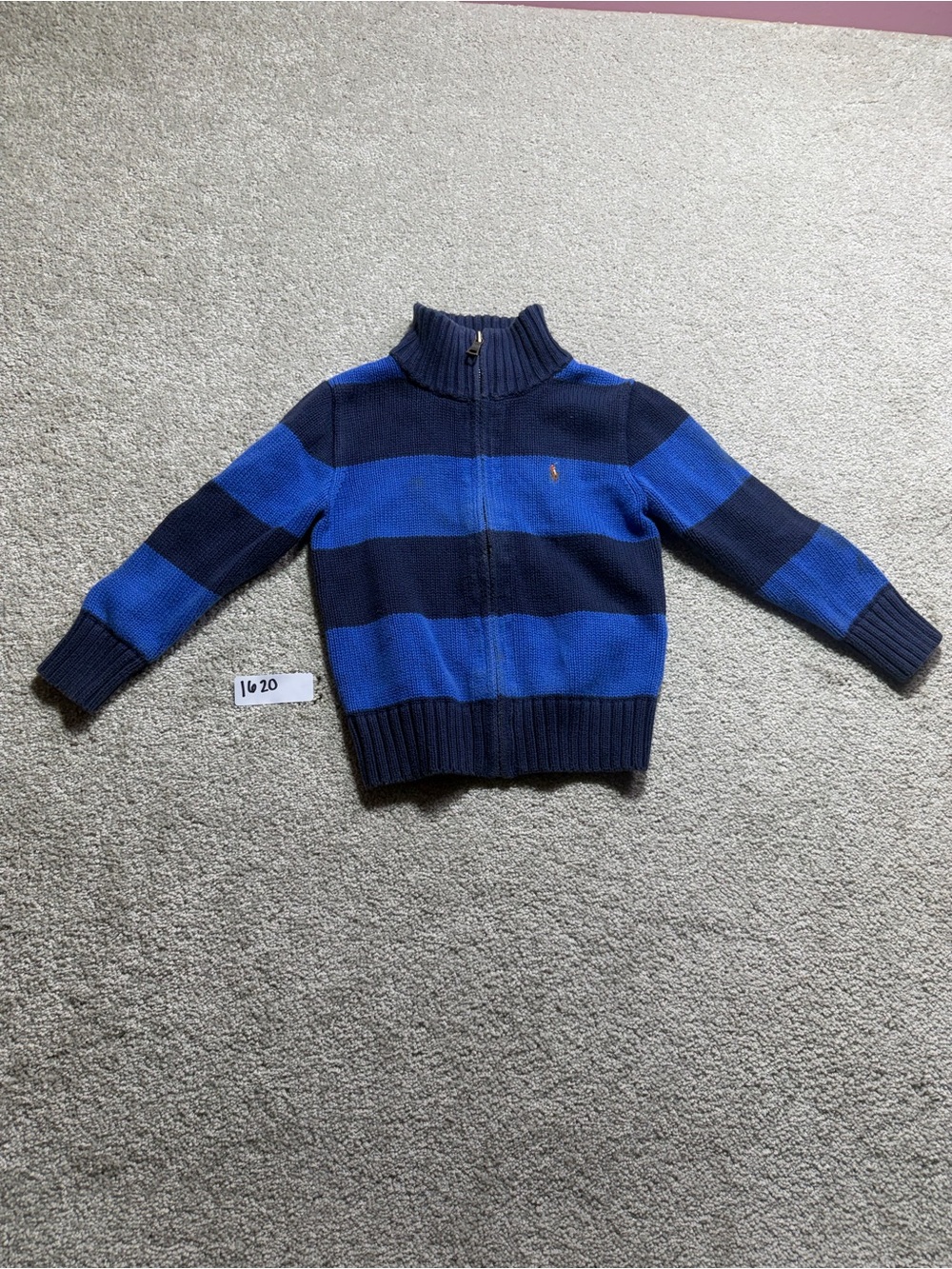 Polo Ralph Lauren Sweater Youth 4 Blue Navy Stripe Full Zip Mock Neck Cardigan